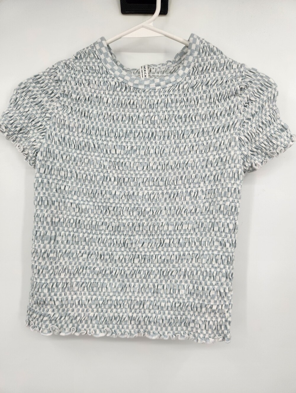 American Eagle Checkered Smocked Baby Tee Womens Size Medium Light Blue White